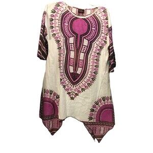 Dashiki  Womens Colorful White Purple Colorful Ethnic Print Small Top Chic